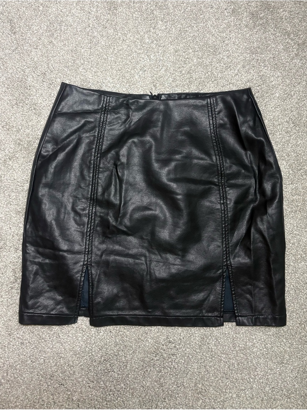 Black Faux Leather Mini Skirt with Front Slits